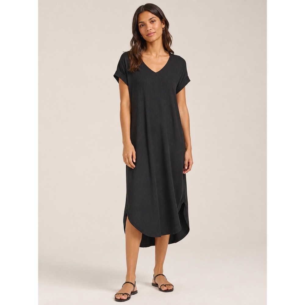 Lildy Women Ribbed Midi Dress S-M Black Short Sleeve Pockets High Low Casual